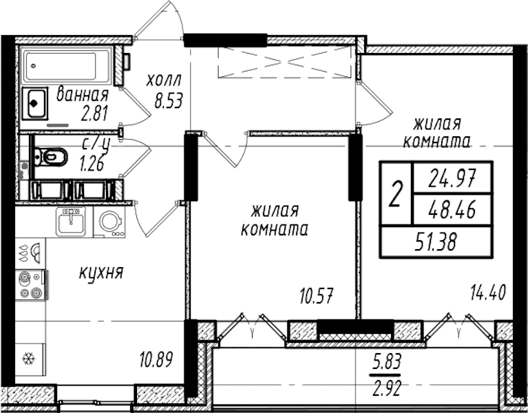 2-комнатная квартира 51.38 м², 4/16 эт., ЖК «Северная Долина»